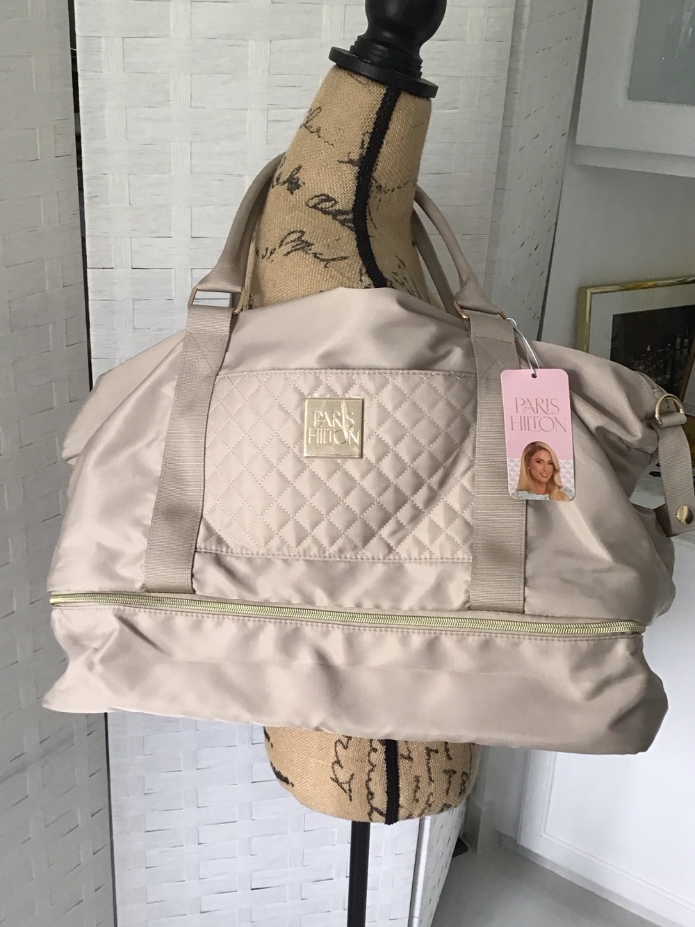 Paris Hilton Satin Quilted Travel Bag in Light Beige with Gold Accents